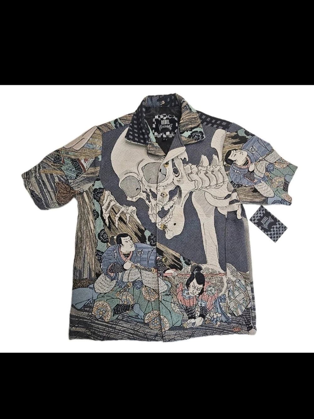 Rebel Renegade Samurai Skeleton Skull Graphic Button Up Shirt M | Japanese Ukiyo